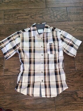 Distortion Casual Plaid Button Down Shirt - Brown and White 10/12 💯% Cotton